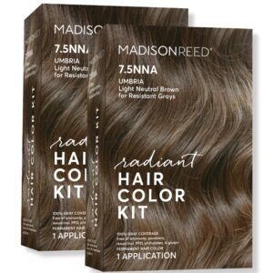 Madison Reed Radiant Hair Color Kit, Light Neutral Brown for 100% Coverage of Resistant Gray Hair, Ammonia-Free, 7.5NNA Umbria Light Brown, Permanent Hair Dye, Pack of 2