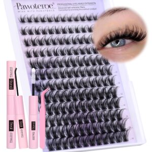 Pawotence Lash Clusters Kit Wispy Lash Extension Kit 10-18mm Cluster Eyelash Extensions Kit Individual Lashes 144pcs Eyelash Clusters with Lash Bond and Seal, Lash Tweezers for Self Use