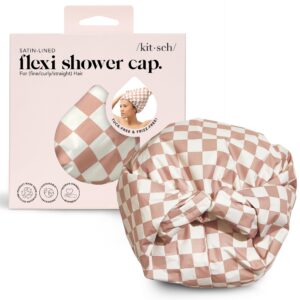 Kitsch Luxury Shower Caps for Women Reusable Waterproof – Flexi Satin Lined, Large Shower Cap for Men, Non-slip, Quick-dry, Adjustable, Stylish Hair Cap for Long & Short Hair – Terracotta Checker
