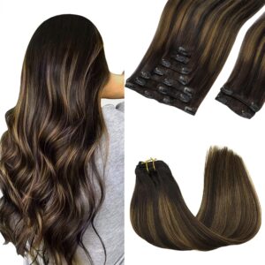 GOO GOO Clip in Hair Extensions Real Human Hair, Remy Human Hair Extensions Clip ins for Women, Natural Human Hair, 14inch 150g 9Pcs, 2/6/2 Balayage Dark Brown to Chestnut Brown