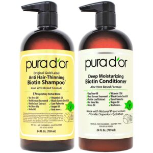 PURA D’OR Anti-Thinning Biotin Shampoo & Deep Moisturizing Conditioner Original Gold Label Set (24oz x2) Natural Earthy Scent, CLINICALLY TESTED Effective Results, Hair Thickening Product, Women & Men