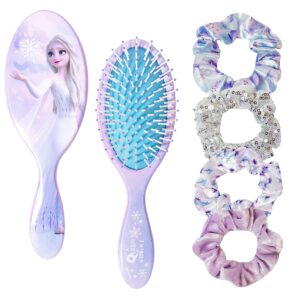 Frozen Princess Elsa Hair Accessory 5 Pcs Set – 1 Regular 9 inch Frozen Hairbrush & 4 Frozen Scrunchies – Detangling Brush & Elastic Hair Ties Ropes for Girls, Ages 3+