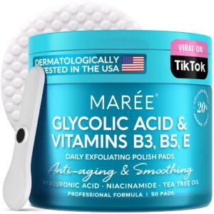 MAREE Glycolic Acid Polishes – Toner Pads for Face Cleansing – Tea Tree Oil, Salicylic Acid & Vitamins E, B3, B5 – Facial Peel & Radiance Deep Cleaning Effect – 50 Count