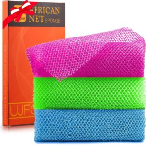 3 Pieces African Bath Sponge African Net Long Net Bath Sponge Exfoliating Shower Body Scrubber Back Scrubber Skin Smoother,Great for Daily Use (Rose Red, Blue, Green)