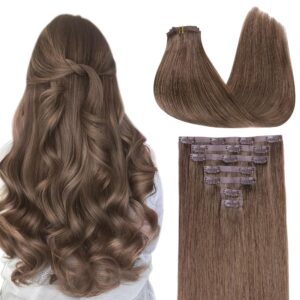 GOO GOO Clip in Hair Extensions Real Human Hair, Remy Human Hair Extensions Clip ins for Women, Natural Human Hair, 16inch 110g 7Pcs, 5 Light Ash Brown
