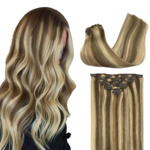 GOO GOO Clip in Hair Extensions Real Human Hair, Remy Human Hair Extensions Clip ins for Women, Natural Human Hair, 14inch 120g 7Pcs, 8A/22 Medium Brown Highlighted Golden Blonde