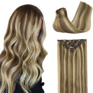 GOO GOO Clip in Hair Extensions Real Human Hair, Remy Human Hair Extensions Clip ins for Women, Natural Human Hair, 20inch 120g 7Pcs, 8A/22 Medium Brown Highlighted Golden Blonde