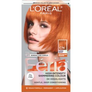 L’Oreal Paris Feria Multi-Faceted Shimmering Permanent Hair Color, C74 Copper Crave (Intense Copper), Pack of 1, Hair Dye
