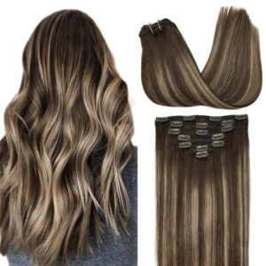 GOO GOO Clip in Hair Extensions Real Human Hair, Remy Human Hair Extensions Clip ins for Women, Natural Human Hair, 12inch 85g 7Pcs, 4/26/4 Balayage Chocolate Brown to Honey Blonde
