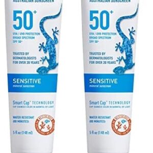 BLUE LIZARD Sensitive Mineral Sunscreen with Zinc Oxide 50+ Water Resistant UVAUVB Protection with Smart Cap Technology Fragrance Free, Sensitve, SPF 50 – – Tube, Unscented, 5 Fl Oz (Pack of 2)