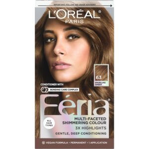 L’Oreal Paris Feria Multi-Faceted Shimmering Permanent Hair Color, 63 Sparkling Amber (Light Golden Brown), Pack of 1, Hair Dye