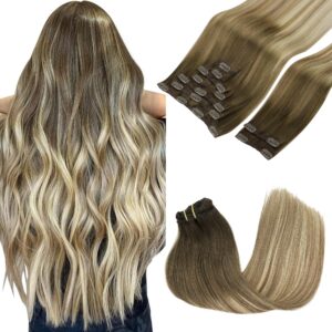 GOO GOO Clip in Hair Extensions Real Human Hair, Remy Human Hair Extensions Clip ins for Women, Natural Human Hair, 14inch 150g 9Pcs, 3/8/613 Balayage Walnut Brown to Ash Brown and Bleach Blonde
