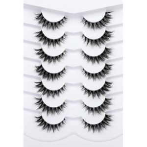 Pooplunch False Eyelashes Invisible Band Cat Eye Look Natural Wispy Lashes Extension Volume Fluffy Short Fake Eyelashes Faux Mink Lash Strips 7 Pairs Multipack