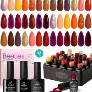 Beetles 23Pcs Fall Gel Nail Polish Kit 20 Colors with Base Gel Top Coat Orange Brown Burgundy Red Yellow Gel Polish Set Soak off Uv Golden Glitter Holiday Nail Art Gift for Girls