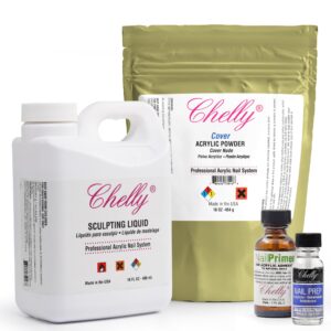 Chelly Sculpting Powder Professional Acrylic Nail System Clear Blush Pink Medium 16 oz + Acrylic Liquid monomer 16oz + Acid-Free Primer XTRABOND for Acrylic & UV Gels 1 oz 30ml Nail (Cover Nude)
