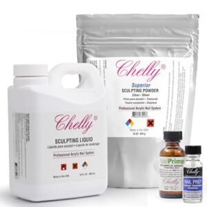 Chelly Superior VALUE PACK Sculpting Powder Professional Acrylic Nail System 16 oz + Acrylic Liquid monomer 16 oz + Acid-Free Primer XTRABOND for Acrylic & UV Gels 1 oz 30ml Nail (Clear)