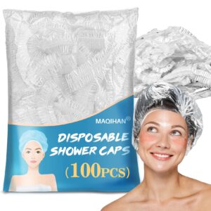 MAQIHAN 100 Disposable Shower Caps Unisex – Large Plastic Hair Caps for Deep Conditioning Shower Cap Reusable Waterproof for Women Men Hair Treatment Bath Cap for Long Hair Travel Essentials