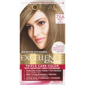 L’Oreal Paris Excellence Creme Permanent Triple Care Hair Color, 7.5A Medium Ash Blonde, Gray Coverage For Up to 8 Weeks, All Hair Types, Pack of 1