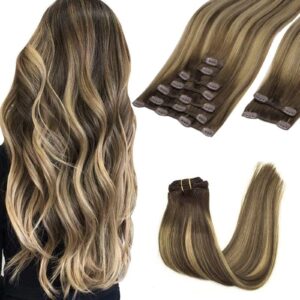 GOO GOO Clip in Hair Extensions Real Human Hair, Remy Human Hair Extensions Clip ins for Women, Natural Human Hair, 14inch 150g 9Pcs, 4/27/4 Balayage Chocolate Brown to Caramel Blonde