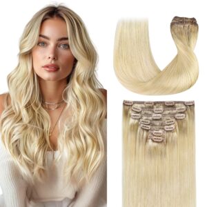 GOO GOO Clip in Hair Extensions Real Human Hair, Remy Human Hair Extensions Clip ins for Women, Natural Human Hair, 14inch 120g 7Pcs, #R7/60F