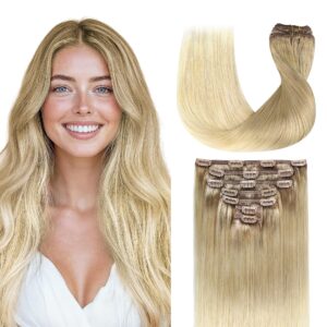 GOO GOO Clip in Hair Extensions Real Human Hair, Remy Human Hair Extensions Clip ins for Women, Natural Human Hair, 14inch 120g 7Pcs, #O7/60F