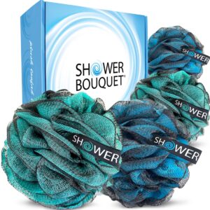 SHOWER BOUQUET Loofah-Charcoal Bath-Sponge XL-4-Pack-Blue-Green // Extra Large 75g Soft Mesh Color & Black Lufa Loofa Loufa Puff Set/Exfoliating Body Scrubber for Women and Men – Exfoliate & Soothe