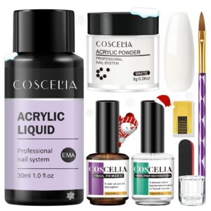 COSCELIA White Acrylic Powder Set with Liquid Monomer Nail Prep Dehydrator and Primer Set Acrylic Nail Brush No Need Lamp Nail Forms Manicure Nail Tools Starter Kit Gift for Women Home DIY