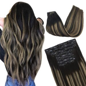 GOO GOO Clip in Hair Extensions Real Human Hair, Remy Human Hair Extensions Clip ins for Women, Natural Human Hair, 14inch 130g 9Pcs, 1B/6/1B Balayage Natural Black to Chestnut Brown