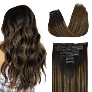 GOO GOO Clip in Hair Extensions Real Human Hair, Remy Human Hair Extensions Clip ins for Women, Natural Human Hair, 24inch 160g 7Pcs, 1B/6/1B Balayage Natural Black to Chestnut Brown