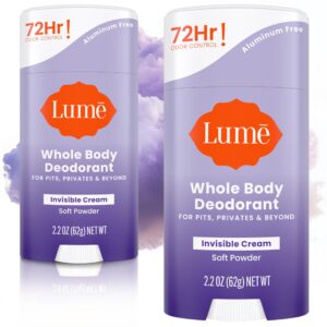 Lume Whole Body Deodorant – Invisible Cream Stick – 72 Hour Odor Control – Aluminum Free, Baking Soda Free, Skin Safe – 2.2 Ounce (Pack of 2) (Soft Powder)
