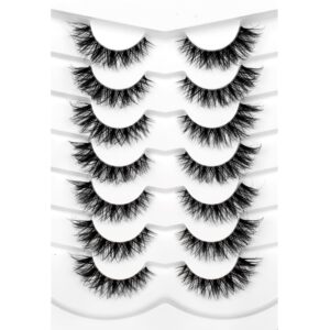 Pooplunch False Eyelashes Cat Eye Look Natural Wispy Lashes Fluffy Short 8D Faux Mink Lashes Wispies Fake Eyelashes Strips 7 Pairs Pack