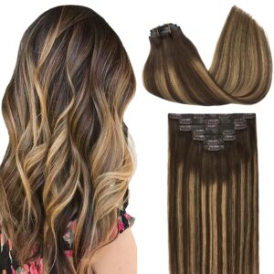 GOO GOO Clip in Hair Extensions Real Human Hair, Remy Human Hair Extensions Clip ins for Women, Natural Human Hair, 24inch 160g 7Pcs, 4/27/4 Balayage Chocolate Brown to Caramel Blonde