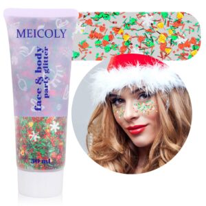 Christmas Makeup,MEICOLY Christmas Face Body Glitter Gel,Christmas Stocking Stuffers Gift Decorations,Festival Hair Glitter for Women Kids Girls,Chunky Sparkling Sequins Glitter Face Paint