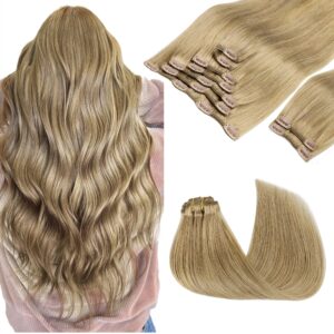 GOO GOO Clip in Hair Extensions Real Human Hair, Remy Human Hair Extensions Clip ins for Women, Natural Human Hair, 14inch 150g 9Pcs, 7 Bronde