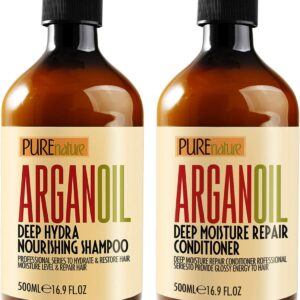 Argan Oil Shampoo and Conditioner Set – Sulfate Free Moroccan Care with Keratin – For Curly, Straight, Dry and Damaged Hair – Moisturizing, Hydrating, Anti Frizz Salon Technology