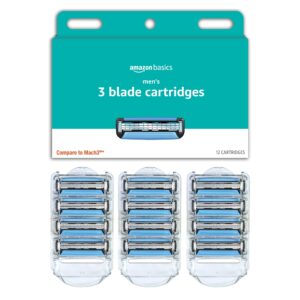 Amazon Basics 3-Blade Razor Refills for Men with Dual Lubrication, 12 Cartridges (Fits Amazon Basics Razor Handles only) (Previously Solimo)
