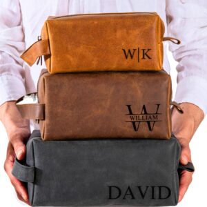 Personalized Leather Toiletry Bag for Men – Shaving Dopp Kit with Name & Initial – 4 Canvas & 12 Designs – Ideal Gift for Husband, Dad, Grandpa, Boyfriend for Anniversary, Birthday & Father’s Day-Handmade