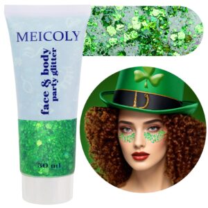 MEICOLY Green Face Body Glitter,St Patricks Day Accessories,Green Face Paint Glitter Gel Chunky Makeup,Sparkling Festival Rave Outfits for Women,Saint Patrick’s Day Hair Alien Glitter