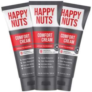 HAPPY NUTS Comfort Cream Deodorant For Men: Anti-Chafing Sweat Defense, Odor Control, Aluminum-Free Mens Deodorant & Hygiene Products for Men’s Private Parts 3.4 oz.(3 Pack, Original)