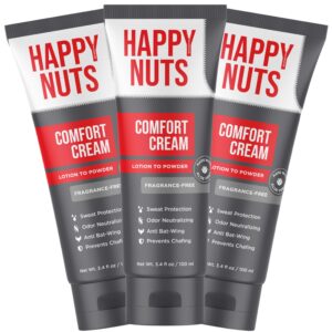 HAPPY NUTS Comfort Cream Deodorant For Men: Anti-Chafing Sweat Defense, Odor Control, Aluminum-Free Mens Deodorant & Hygiene Products for Men’s Private Parts (3 PACK – UNSCENTED)