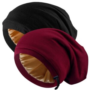 2 Pcs Adjustable Silk Satin Bonnet Hair Wrap for Sleeping – Silk Lined Slouchy with Adjustable Strap – Night Caps for Women and Men with Curly Hair – Head Scarf