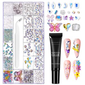 Makartt Gel Polish Nail Gems With Nail Rhinestone Glue Set,1968PCS Nail Art Rhinestones Kit with Tweezer,3D Nail Gel AB Crystal Nail Decorations Crafts Acrylic Press On Nails Gifts for Girls