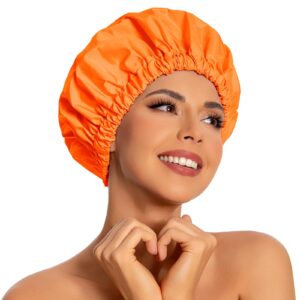 Reusable Shower Cap for Women, Large Waterproof Shower Essentials Bonnet Washable Elastic Band Bath Hair Wrap Hat for Long Hair, Braids(Orange)