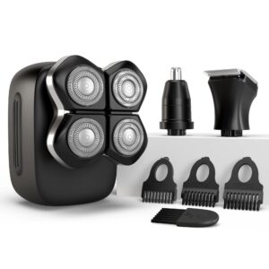 Freebird FlexSeries Pro Electric Head & Body Shaver – Mens Cordless Rechargeable Wet/Dry Skull Bald Head Back & Groin Waterproof Razor with Rotary Blades, Clippers, Nose Trimmer, Brush, Massager