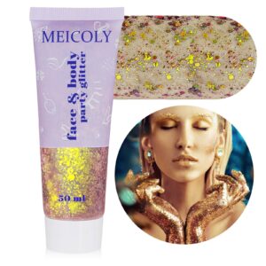 MEICOLY Chameleon Gold Body Glitter,Mardi Gras Outfit for Women,Color Changing Face Glitter,Chunky Glitter Face Paint,Holographic Glitter Sequins for Face Body Hair,Festival Party Glitter Makeup,50ml