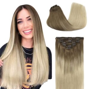 GOO GOO Clip in Hair Extensions Real Human Hair, Remy Human Hair Extensions Clip ins for Women, Natural Human Hair, 12inch 85g 7Pcs, 9/60 Balayage Ash Brown to Platinum Blonde