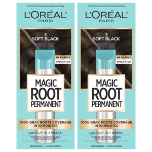L’Oreal Paris Magic Root Rescue 10 Minute Root Hair Coloring Kit, Permanent Hair Color with Quick Precision Applicator, 100 percent Gray Coverage, 3 Soft Black, 2 count