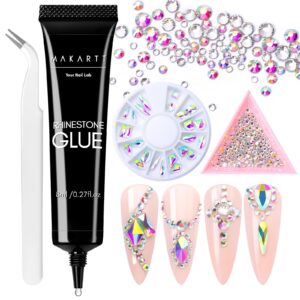 Makartt Nail Rhinestone Glue Kit: 15ml Adhesive with 1440PCS Flatback Crystal Glass AB Rhinestones and 24PCS 3D Shaped Gems with Tweezer, Acrylic Supplies for Nails Art Design
