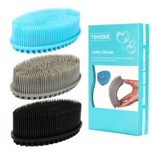Silicone Body Scrubber Loofah – Set of 3 Soft Exfoliating Body Bath Shower Scrubber Loofah Brush for Sensitive Kids Women Men All Kinds of Skin(Black/Gray/Blue)