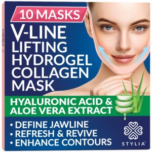 Stylia V-Line Lifting Collagen Face Mask with Hyaluronic Acid & Aloe Vera – Spa Quality Chin Strap – Jawline Shaper Collagen Mask – Face Masks Skincare – Chin Strap for Sleeping – 10PC